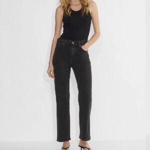 Denim Forum Arlo High Rise Straight Jeans Size 23 Black Organic Cotton Stretch